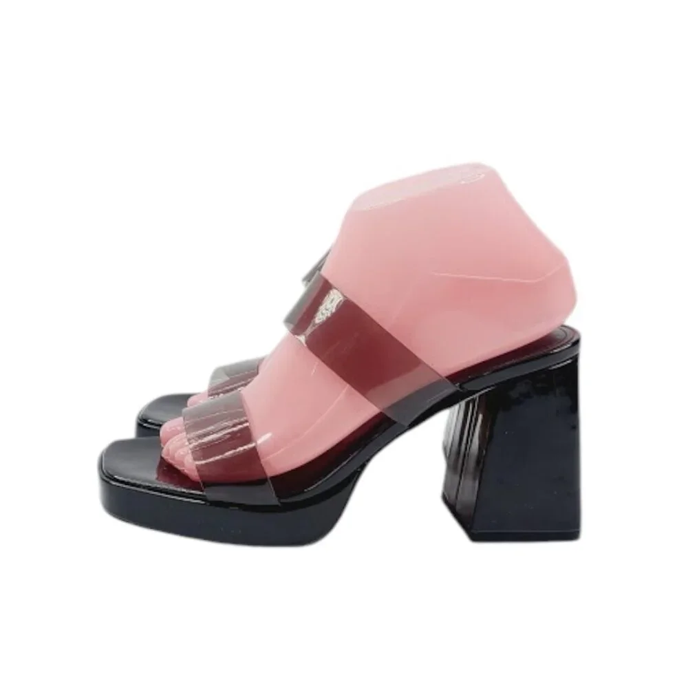 Nine West‎ Women's Black Clear Sheer Block Heel Platform Sandal Size 7.5M